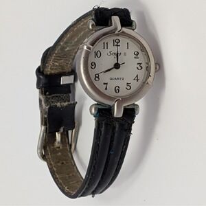 Sergio II Womens White Dial Analog Quartz Watch Black Leather Band 8" Untested